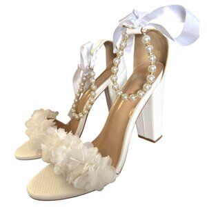 Bride Wedding Block Heel Sandals With Pearl & Ribbon Details Size EU 41 NWB